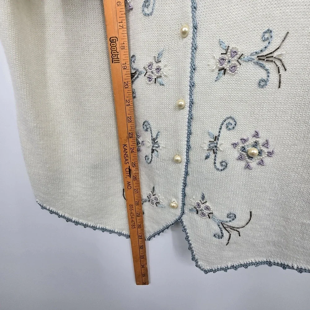 Vintage Koret Embroidered Sweater Vest Women 2X Ivory Beads Boho Cottage Grandma